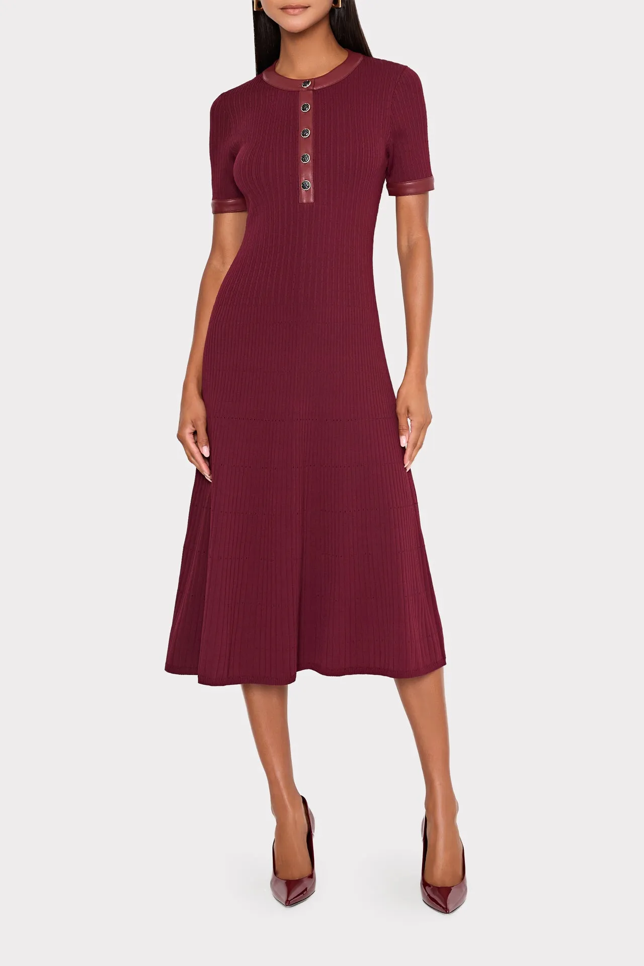 Leather Detail Knit Midi Dress Moisture Wicking Material Fray Resistant Edges