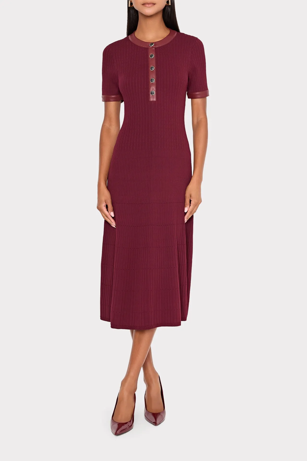 Versatile use Durable Binding Leather Detail Knit Midi Dress