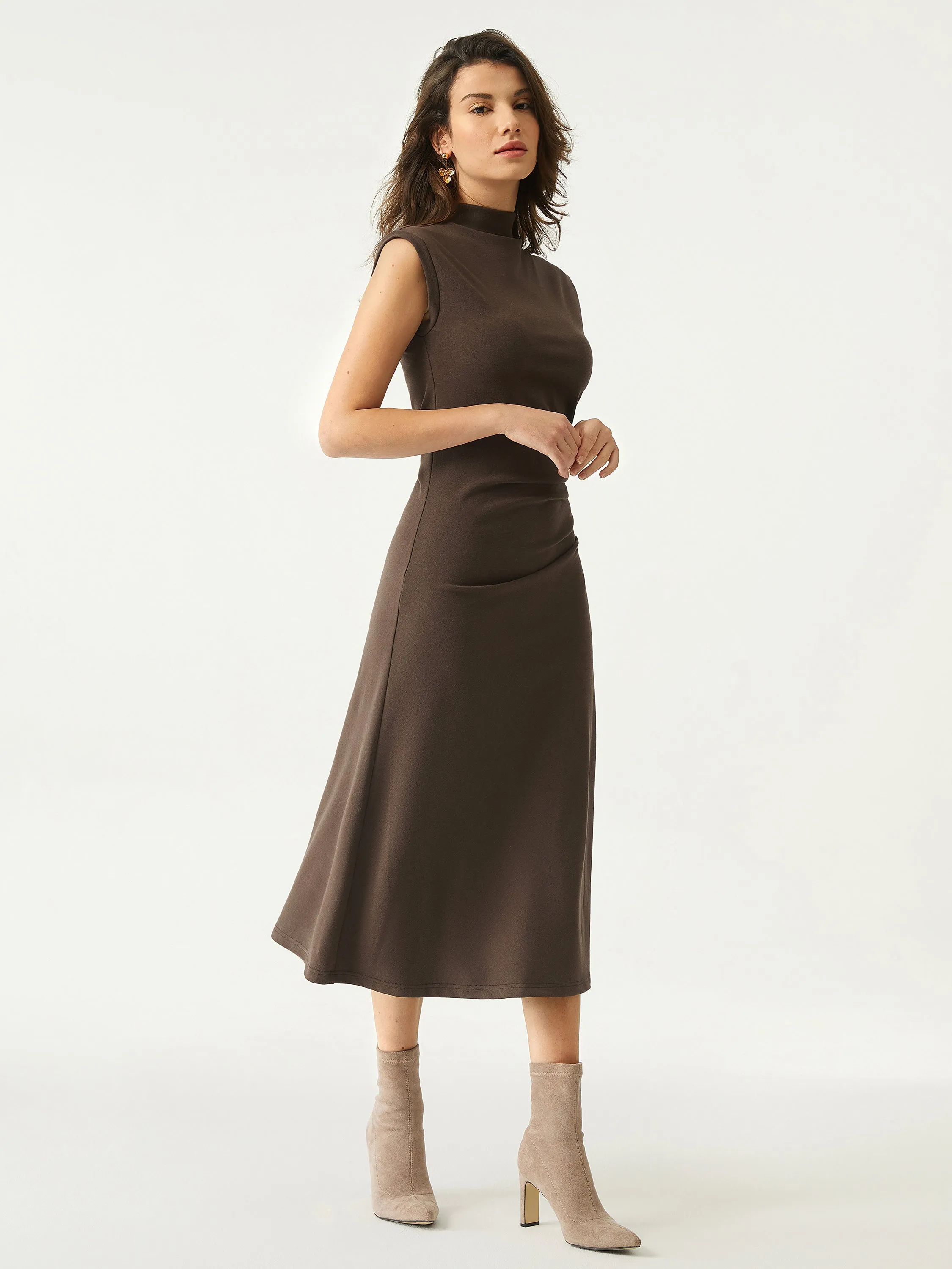 FlexFit Technology Mockneck Tucks Midi Dress