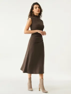 Mockneck Tucks Midi Dress ContrastStitching