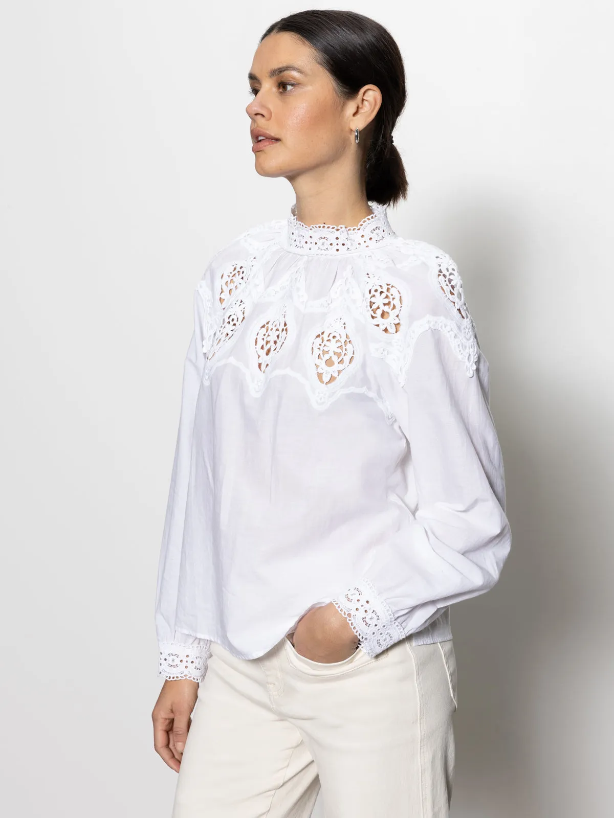 Lace Popover Blouse White Eco Friendly Fabric Cozy Design