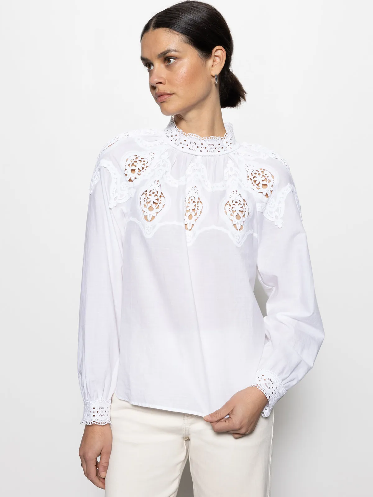 High Density Stitching Lace Popover Blouse White