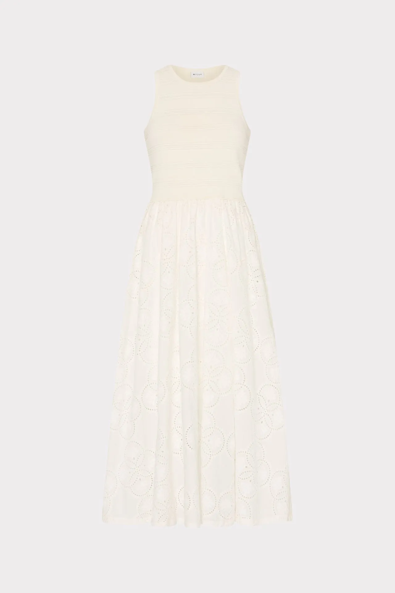 Neutral Layer Layered Fabric Geo Eyelet Knit Combo Midi Dress