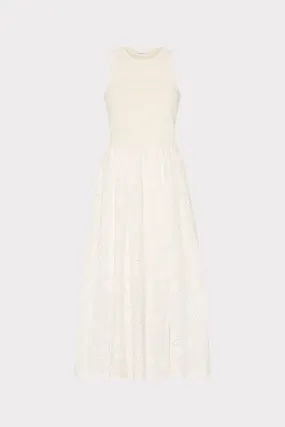 Neutral Layer Layered Fabric Geo Eyelet Knit Combo Midi Dress