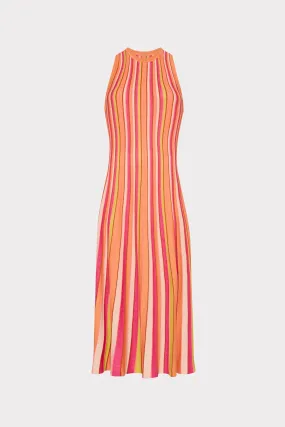 Soft Material Glossy Detail Multi Color Stripe Sleeveless Midi Dress