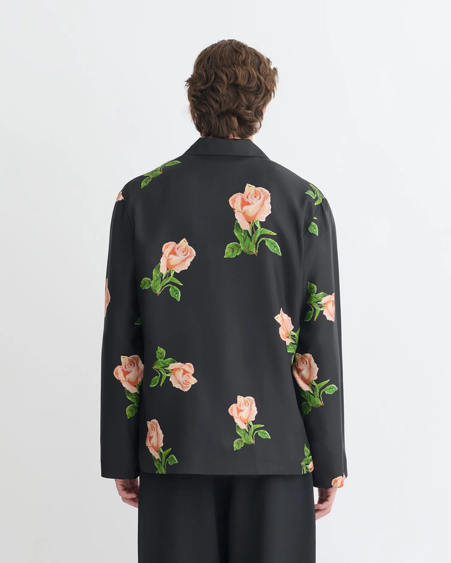 Jamar - Printed Silk Twill Shirt - Black/Roses Flatlock stitching Petite Fit