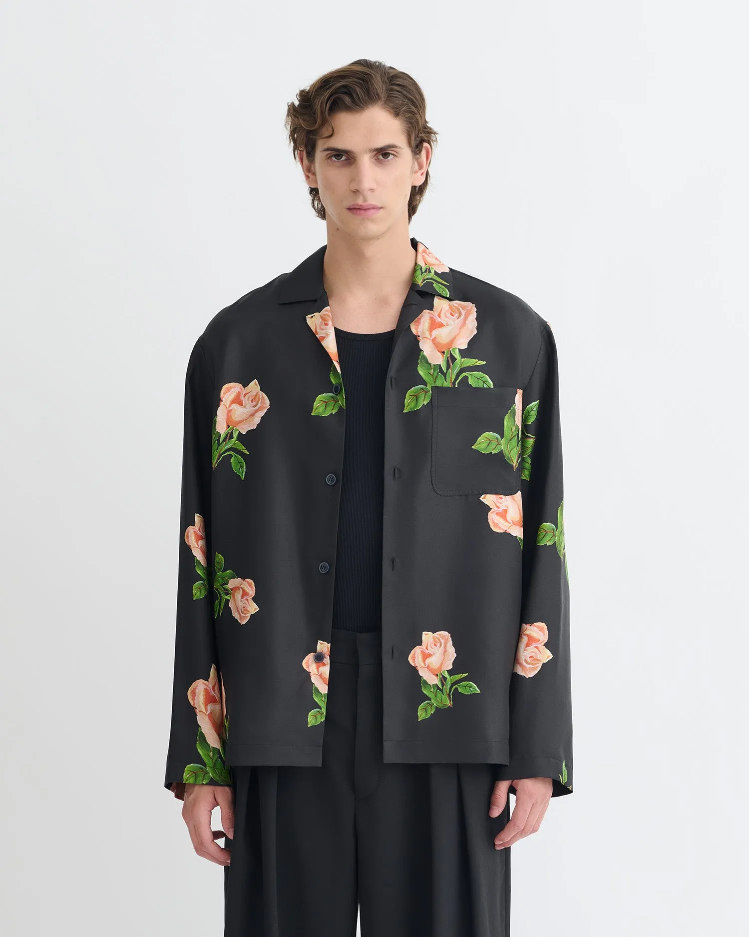 LightweightTexture Jamar - Printed Silk Twill Shirt - Black/Roses