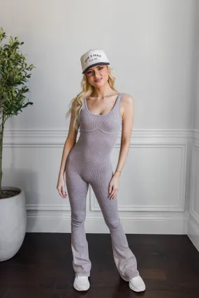 Snag Free Fabric Ribbed Flare Jumpsuit- Ash