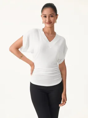 Semi-sheer Lyocell Cashmere Blend V-neck Short Sleeve Side Ruched Tee Abrasion Resistant Fabric