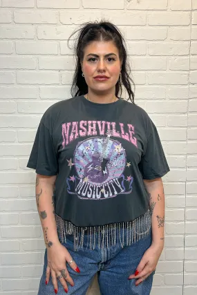Foldable Cuff Design Nashville Music City Rhinestone Fringe Tee