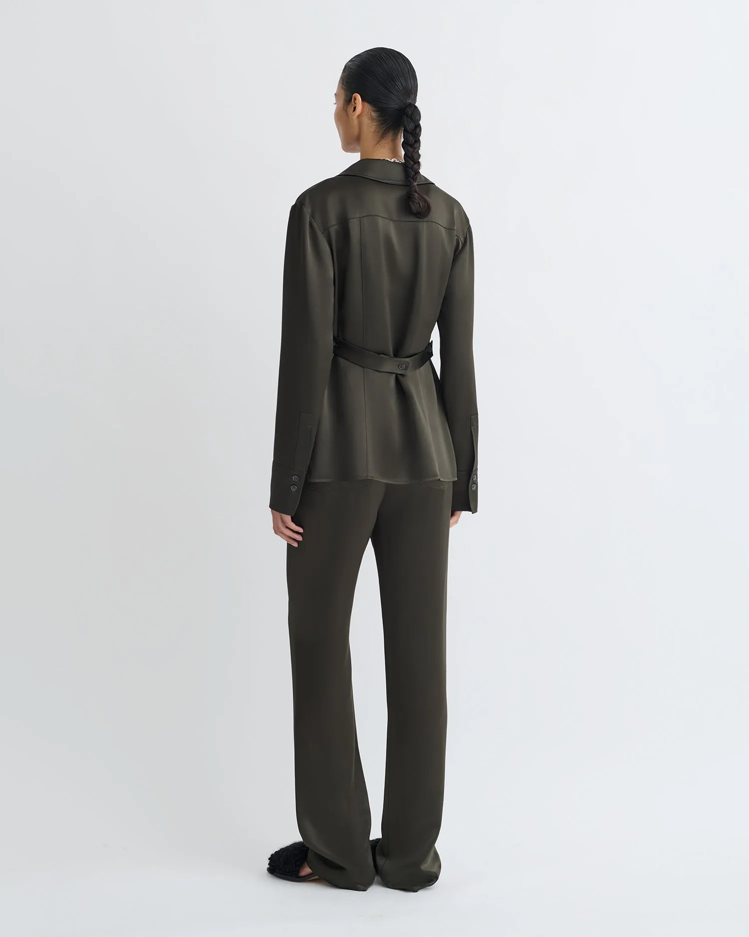 Wrinkle Free Texture Modular Layering System Nathalie - Slip Satin Shirt - Dark Green