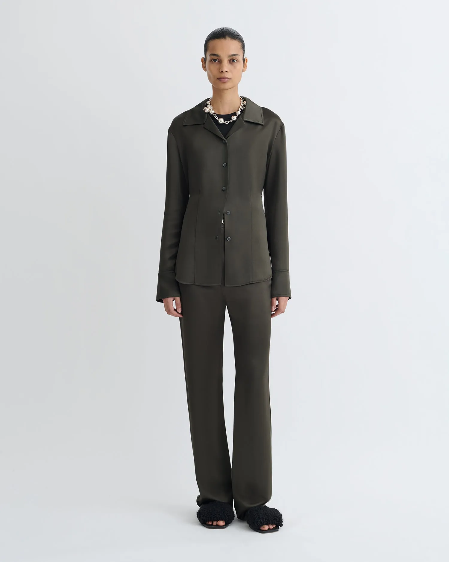 Nathalie - Slip Satin Shirt - Dark Green Flatlock stitching FourWay Stretch