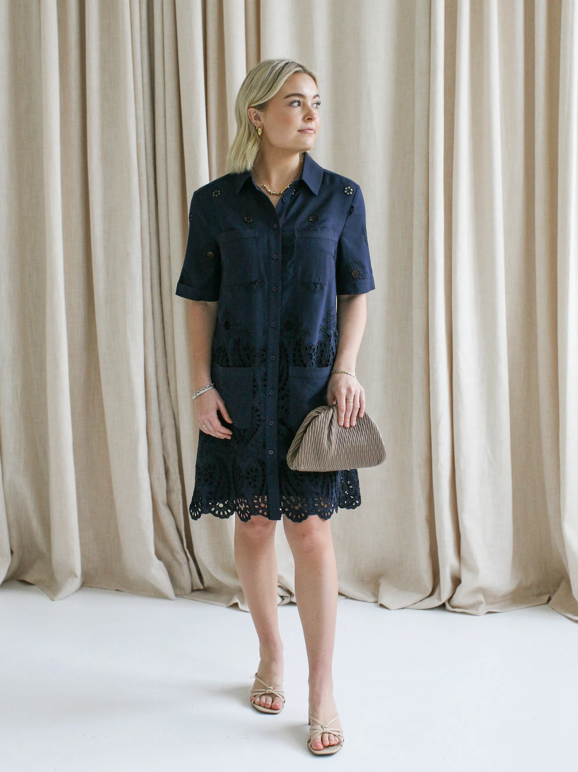 Navy Eyelet Shift Dress Street Casual Calm Drape