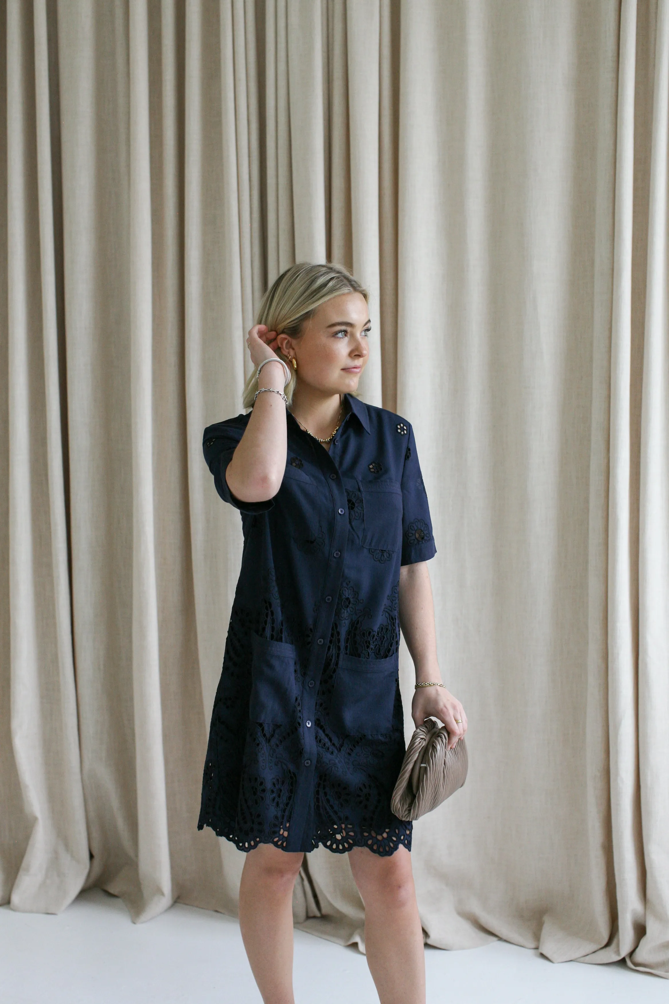 Refined Simplicity Stylish Comfort Navy Eyelet Shift Dress