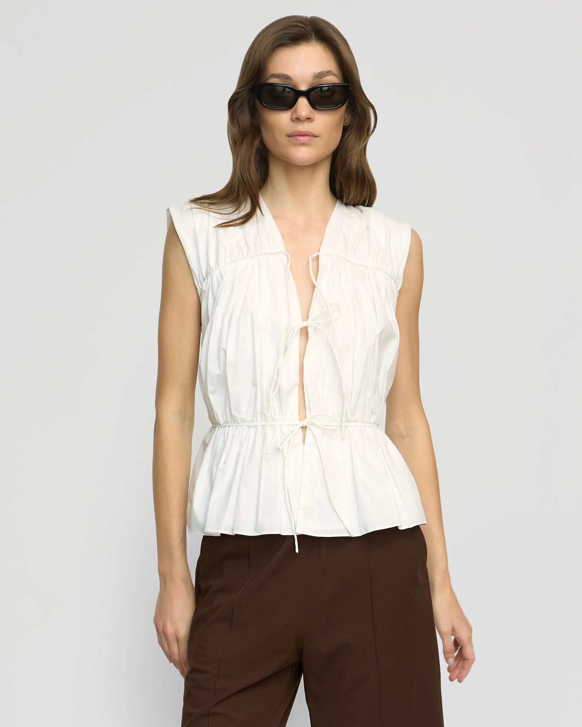 Tactile Soft Texture High Collar Design Neha Tie-Front Organic Cotton Blouse