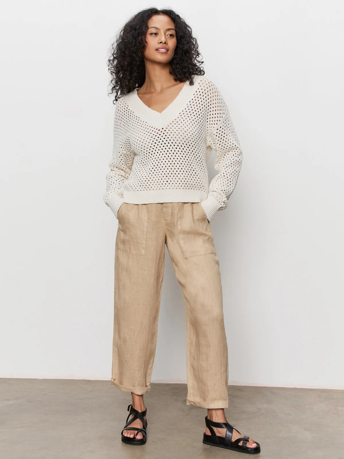 Pastel color Effortless Daywear Airy Openwork Sweater Macrame