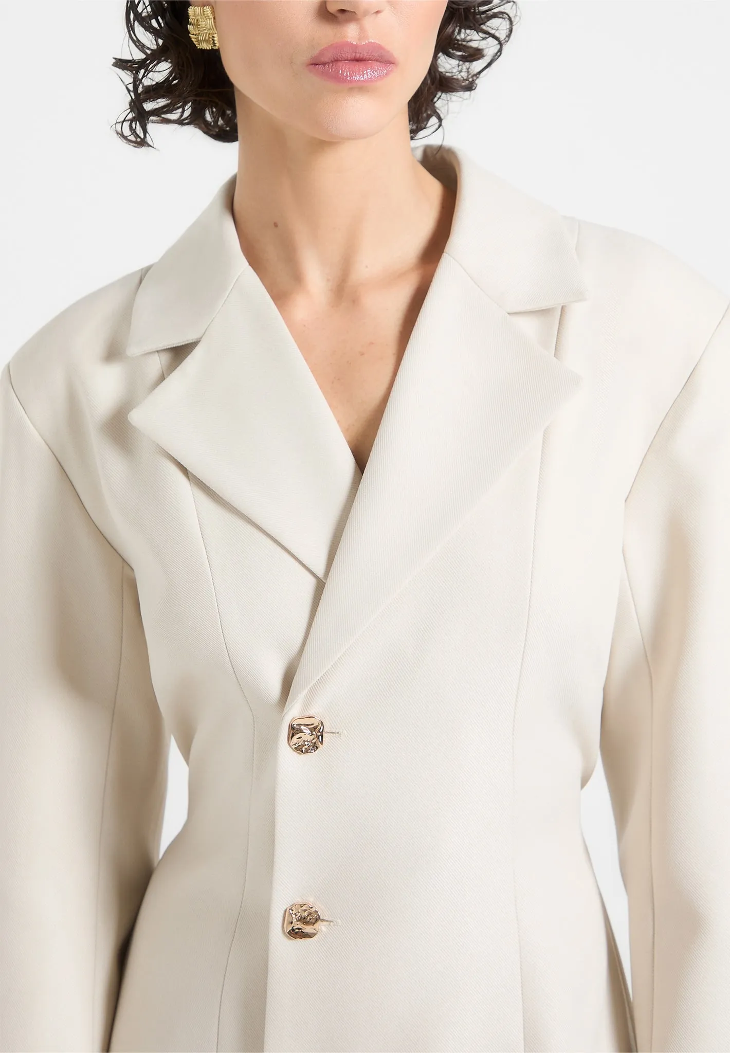 Nicole - Tailored Cinch Blazer Dress with Pleats - Beige button detail Classic Motion