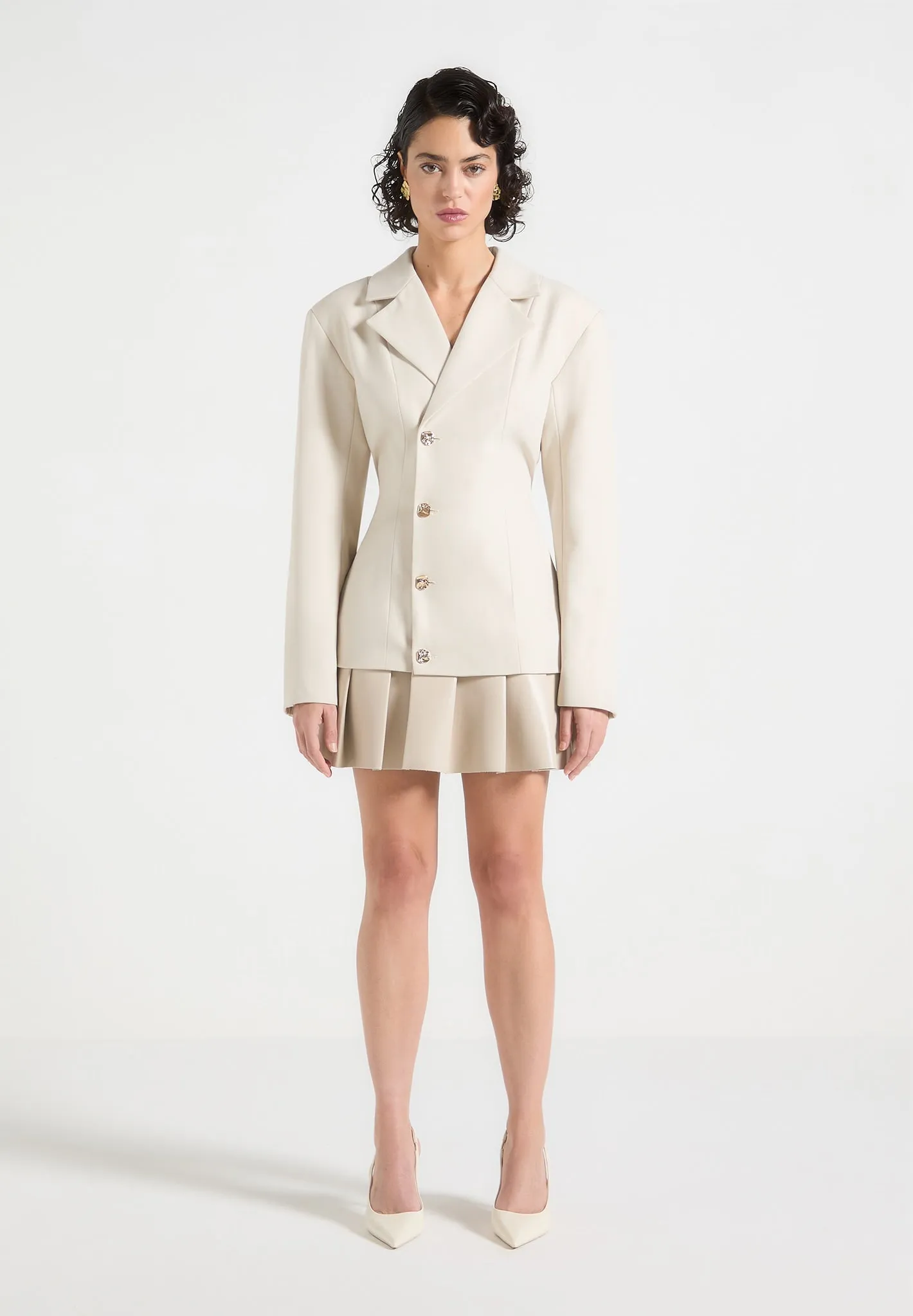 Smart Layering Nicole - Tailored Cinch Blazer Dress with Pleats - Beige