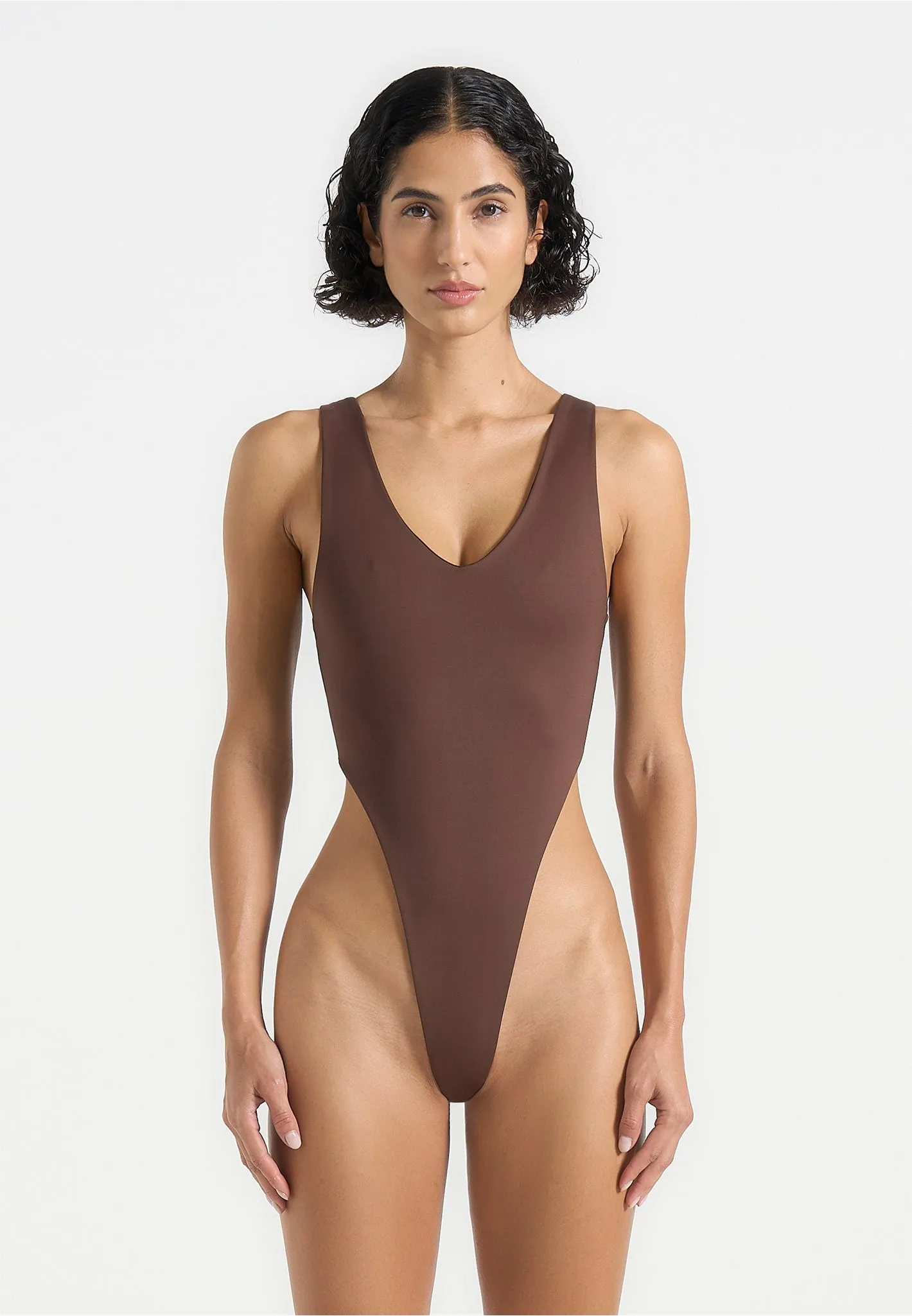 Noa - V-Neck Bodysuit - Brown Moisture Management Fabric Comfy Vibes