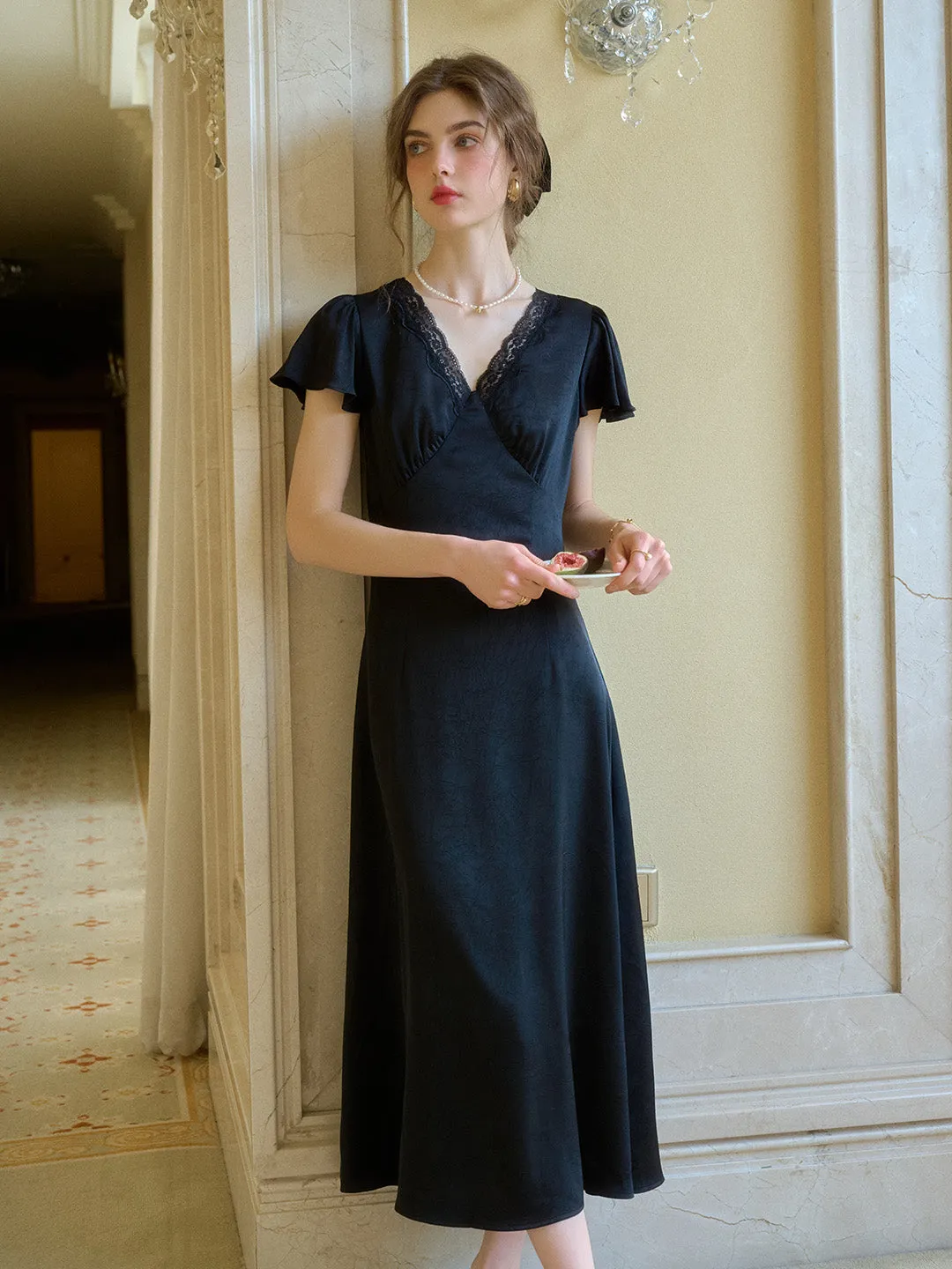 Sophisticated and Relaxed Daily Ready Noa V-Neck Lace Dress - Black