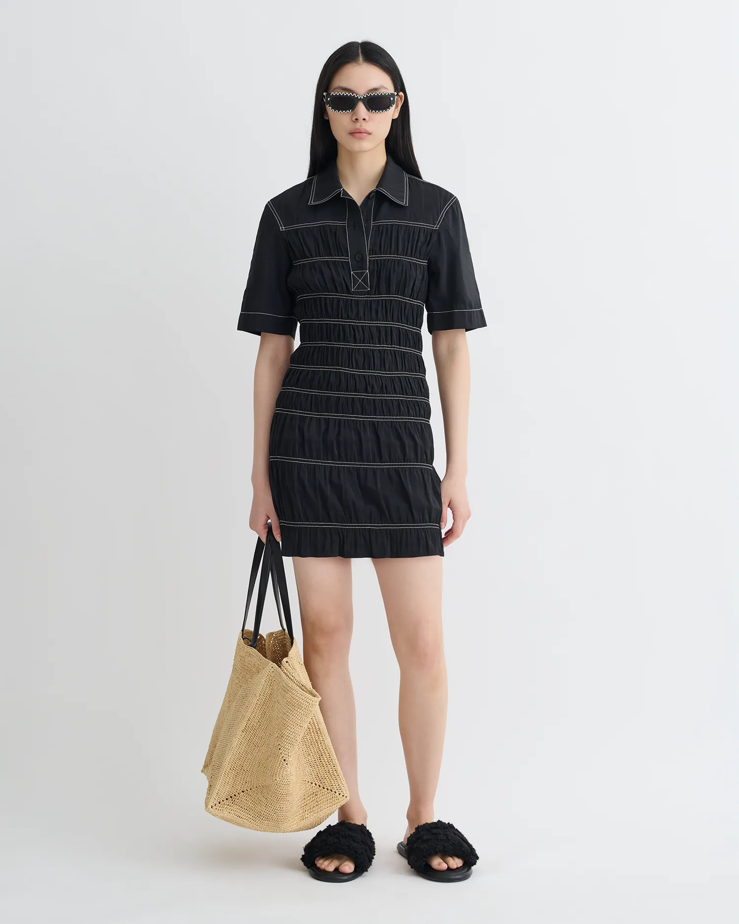 AllDay Comfort Design Nomia - Smocked Glass Poplin Mini Dress - Black