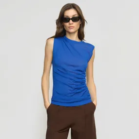 Mikey Semi-Sheer Asymmetric-Ruched Top Textured Weave Wide Shoulder Cut