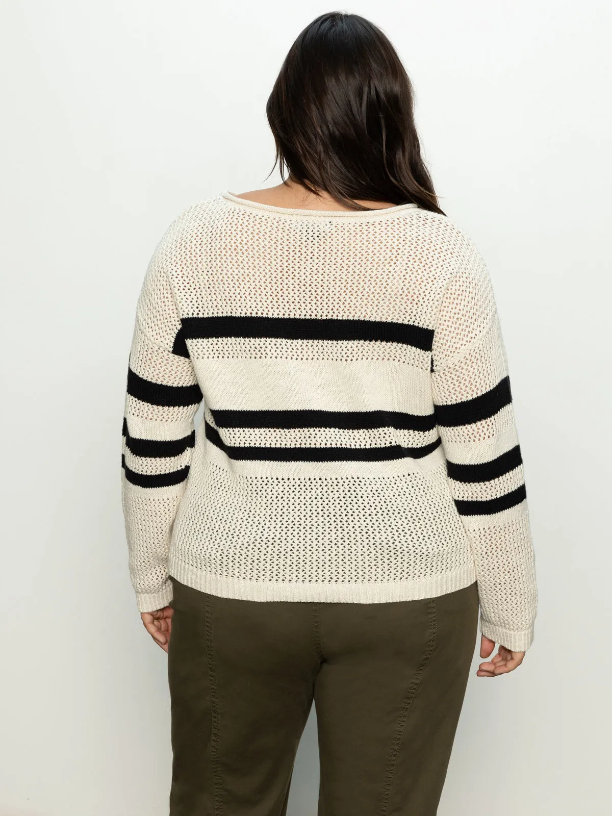 Sporty Stripe Open Knit Sweater Eco Natural / Black Stripe Extended Sizing Snag Proof Weave