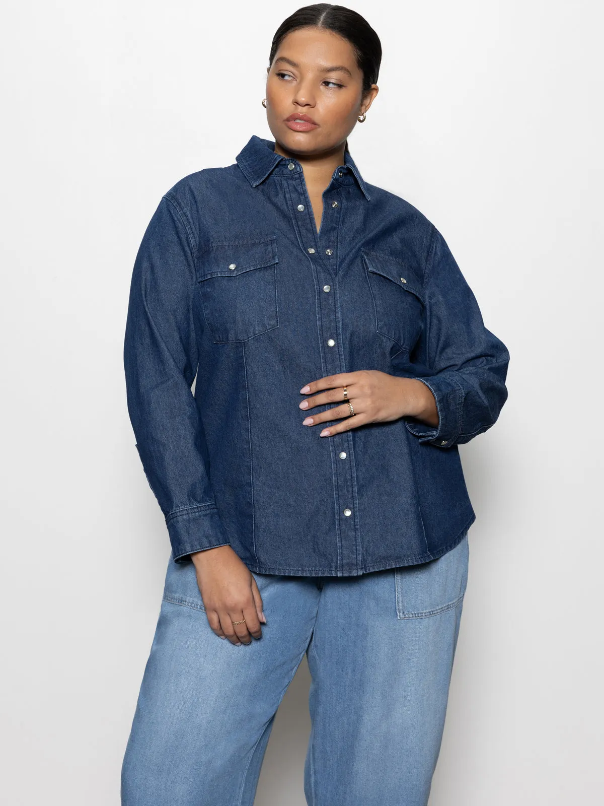 The Denim Western Shirt Blue Slate Extended Sizing Flatlock Stitching Technique