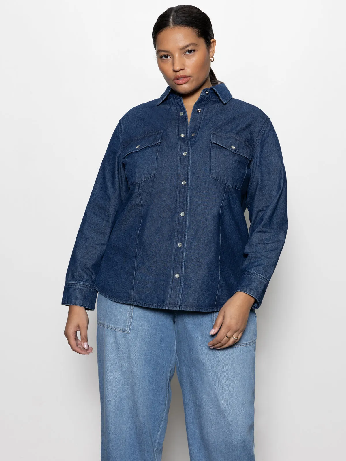 The Denim Western Shirt Blue Slate Extended Sizing Scoop neck Chill Wear