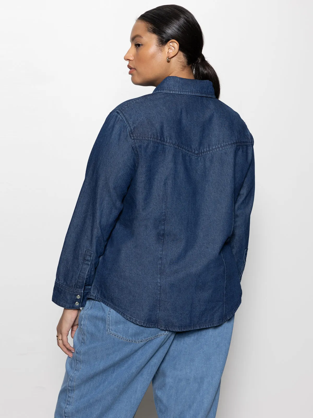 Elegant Vibrant Textured The Denim Western Shirt Blue Slate Extended Sizing