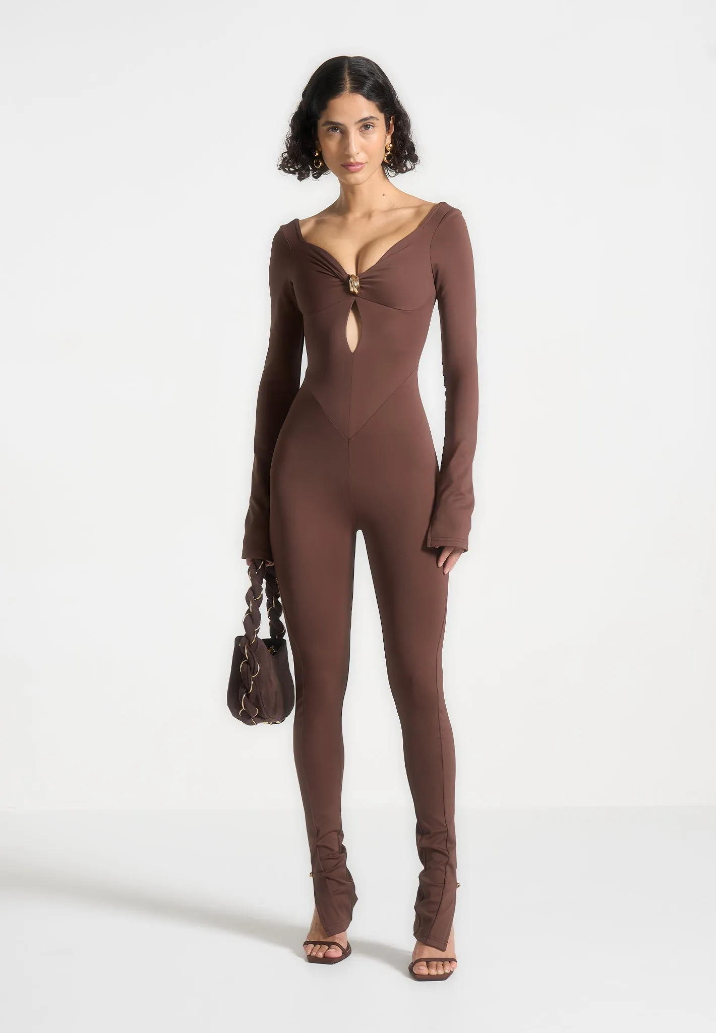 High Neckline Structure Twisted Bust Off Shoulder Jumpsuit - Brown