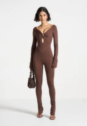 High Neckline Structure Twisted Bust Off Shoulder Jumpsuit - Brown