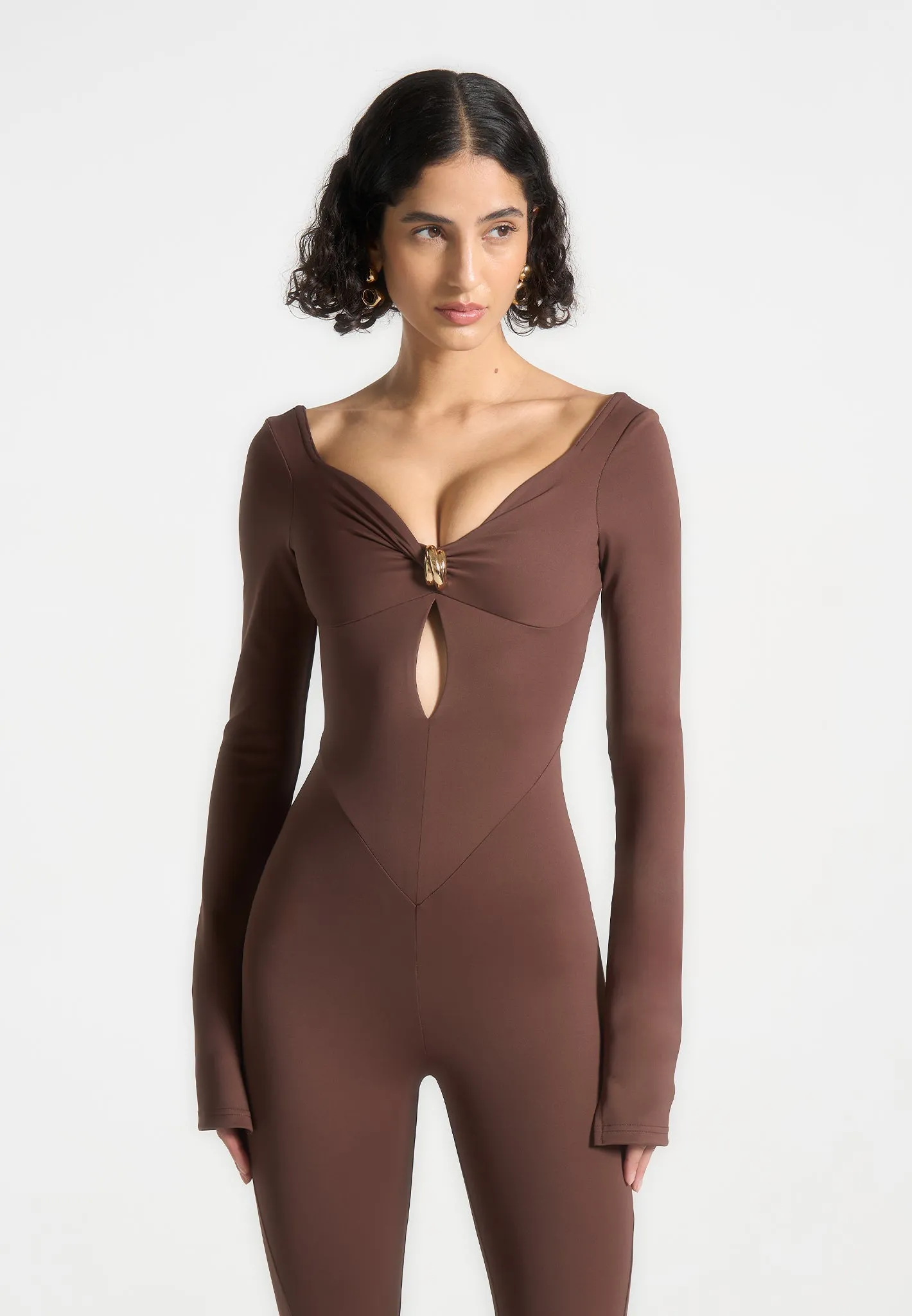 Twisted Bust Off Shoulder Jumpsuit - Brown MeshLining Earthy Tone Colorways
