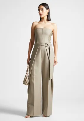 Sabine - Tailored Pleat Jumpsuit with Belt - Beige Contoured Side Panels