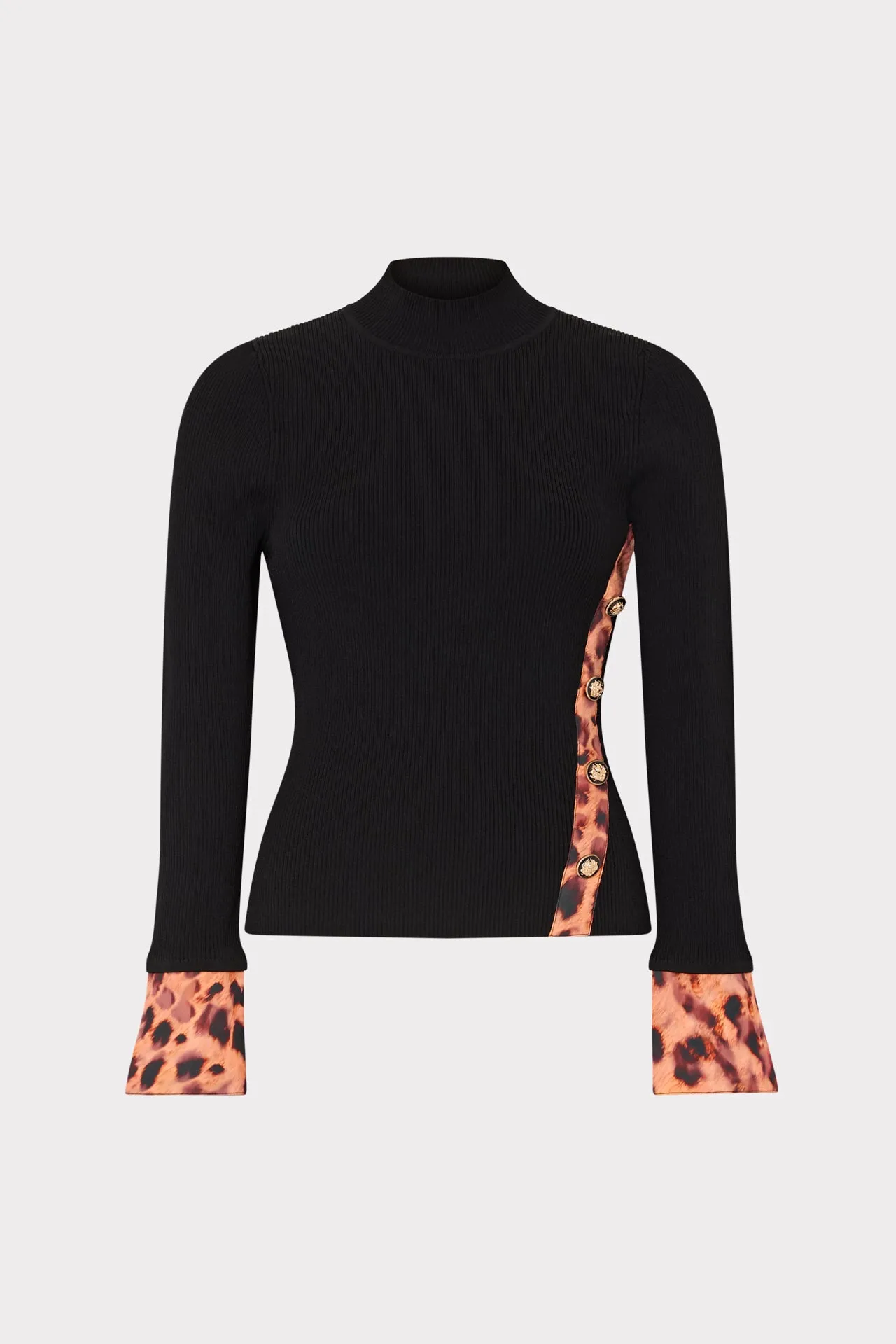 Printed Satin Cuff Knit Mock Neck Top QuickDryTech Casual Pullover