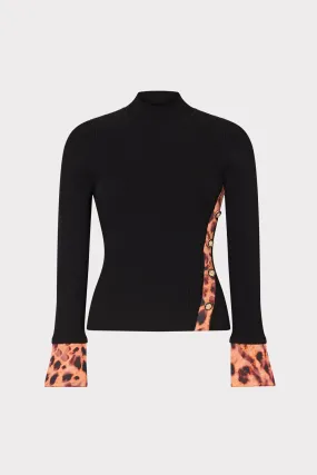 Printed Satin Cuff Knit Mock Neck Top Double Layered Fabric