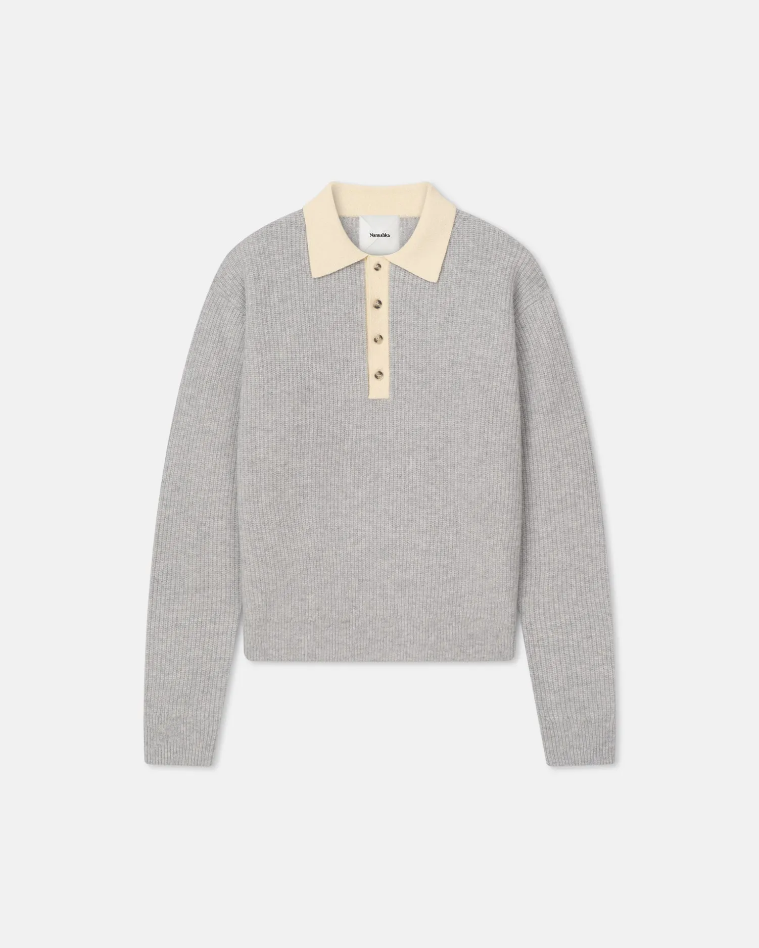 Gregor - Merino and Terry Polo Sweater - Light Grey/Creme Interlock Weave