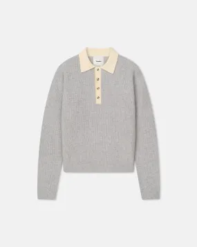 Gregor - Merino and Terry Polo Sweater - Light Grey/Creme Interlock Weave