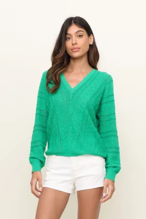 V Neck Long Sleeve Open Stitch Sweater Raglan Sleeve Brushed Inner Layer