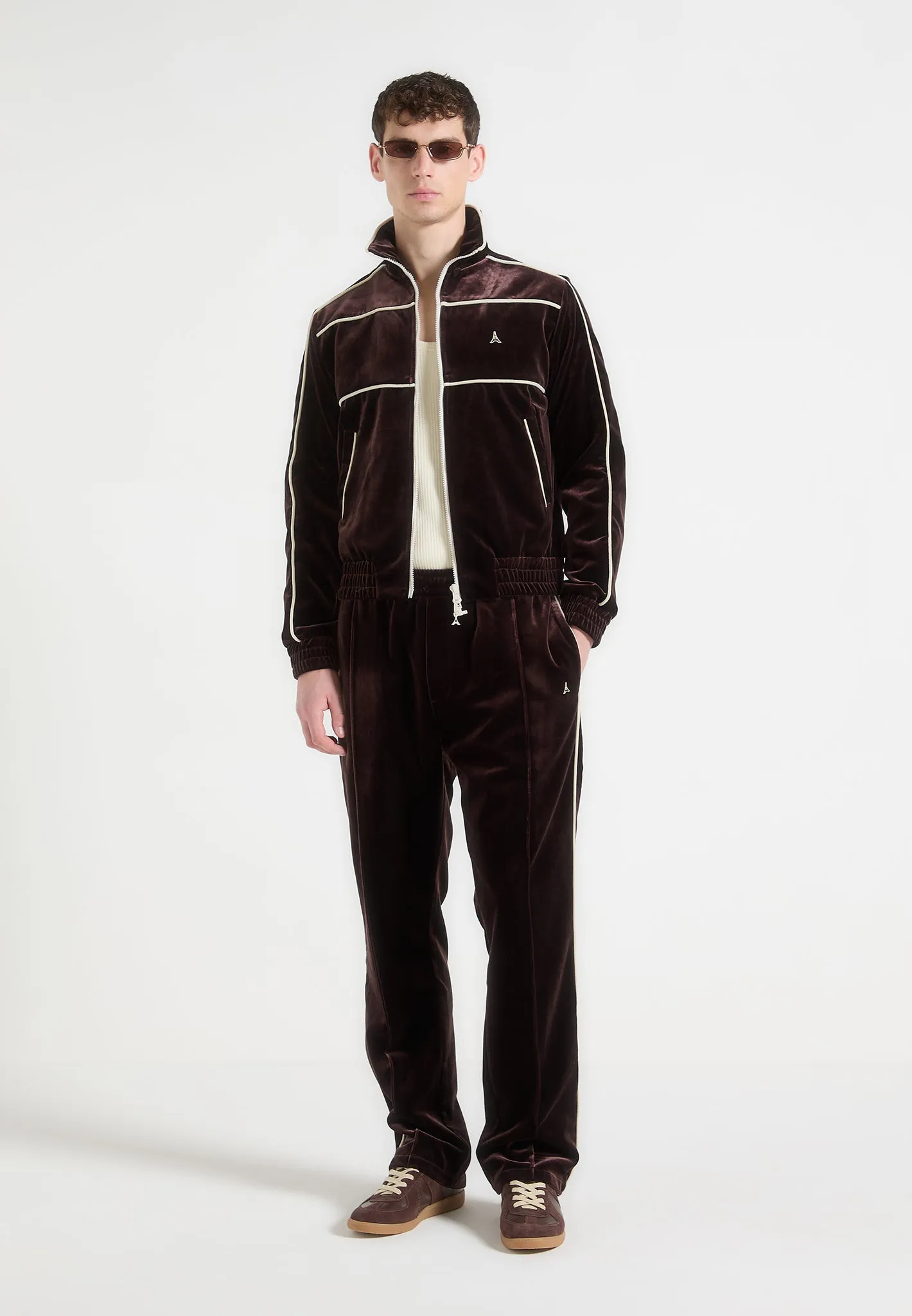 Layered Placket Design ContouredPanels Eiffel Velour Track Pants - Brown