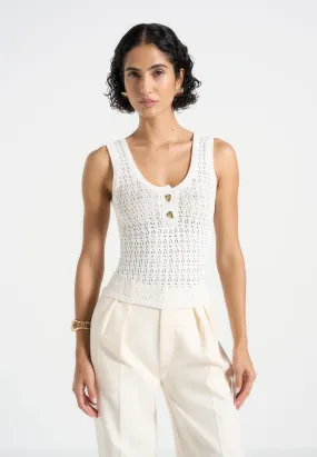 Nora - Pointelle Knitted Vest with Knot Button - Cream Ethically Sourced Materials Eco Certified Textile