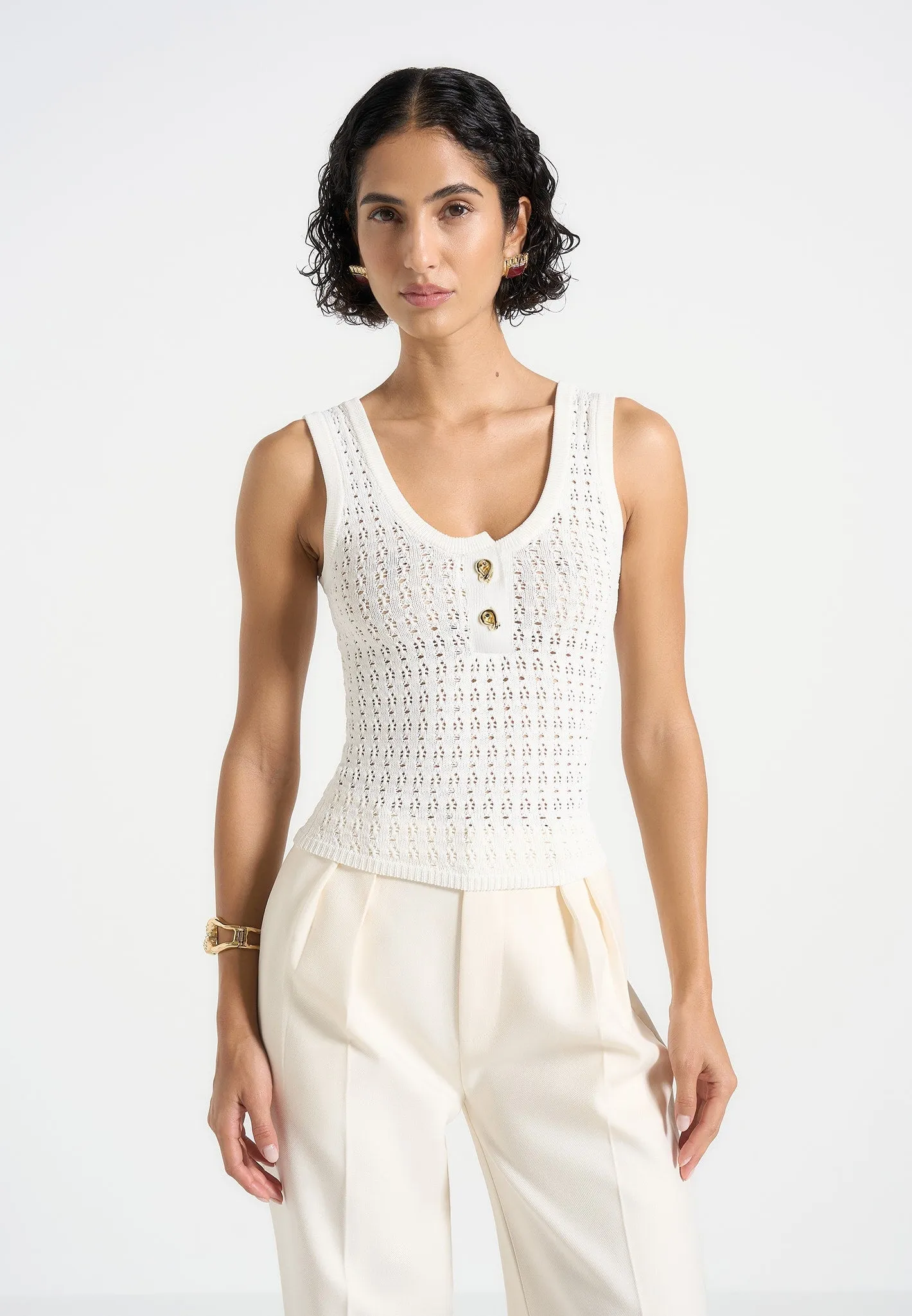 Nora - Pointelle Knitted Vest with Knot Button - Cream Ethically Sourced Materials Eco Certified Textile
