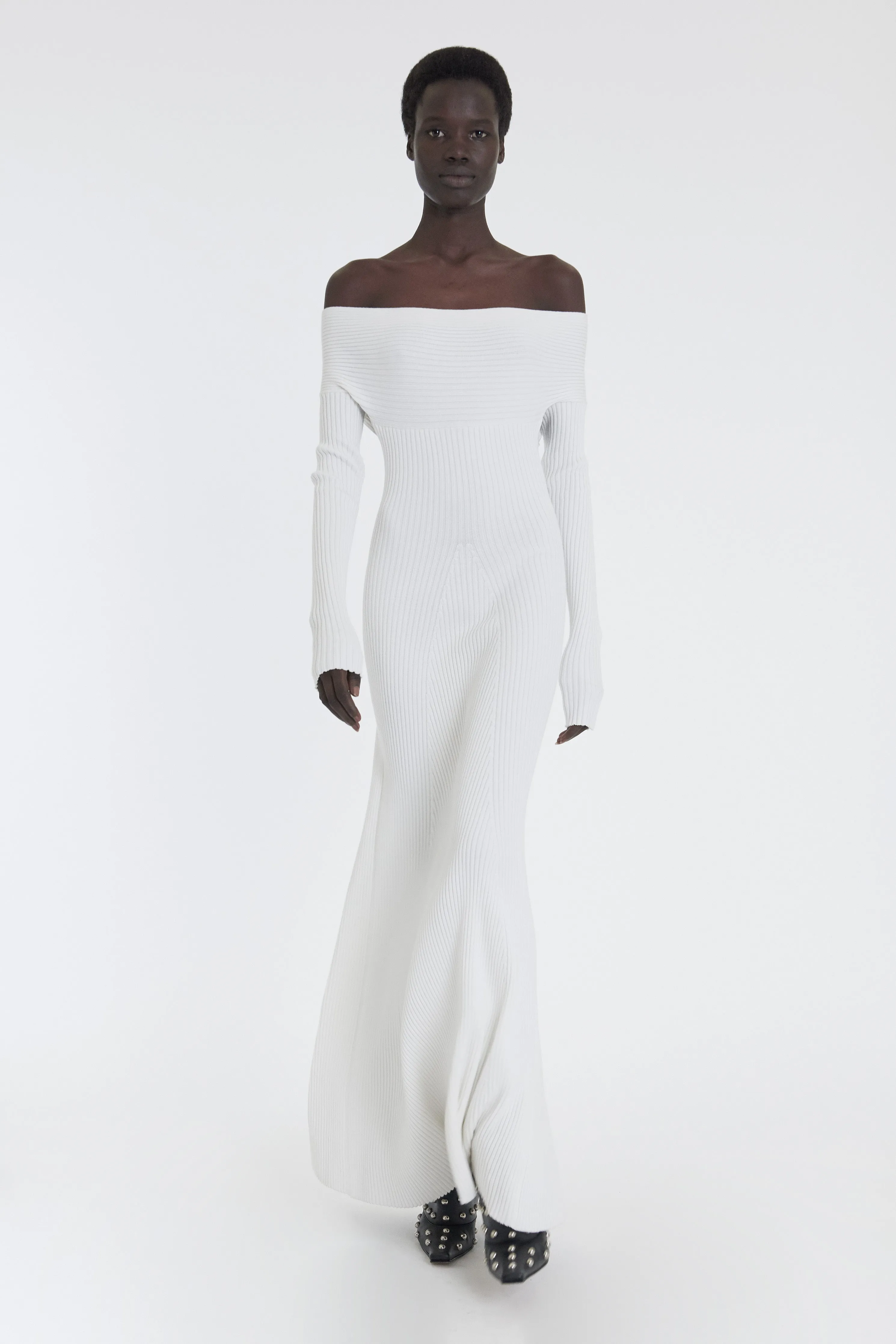 Durable Blend Knit Maxi Off Shoulder Dress Ivory