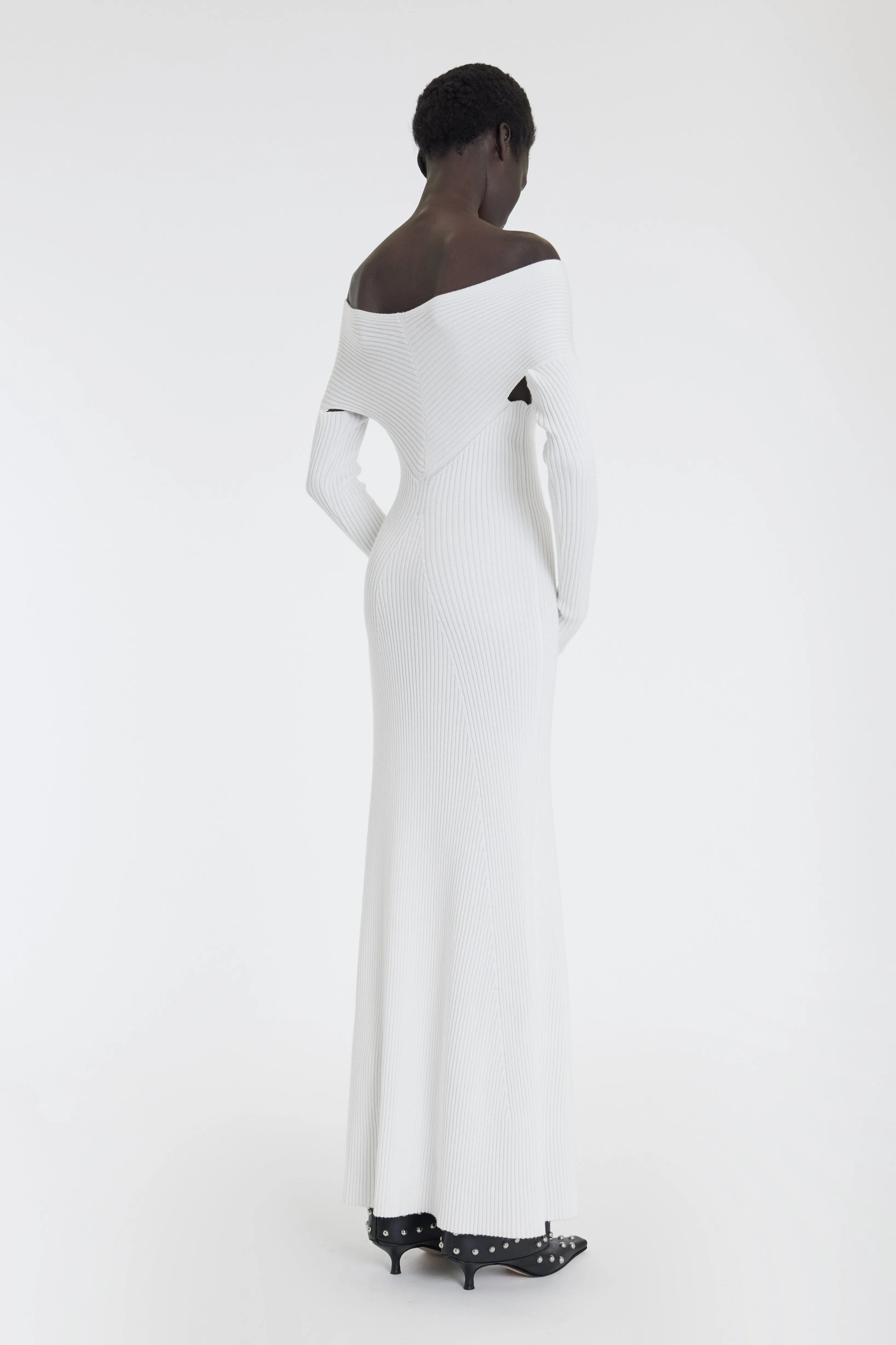 Textured Slub Yarn Knit Maxi Off Shoulder Dress Ivory