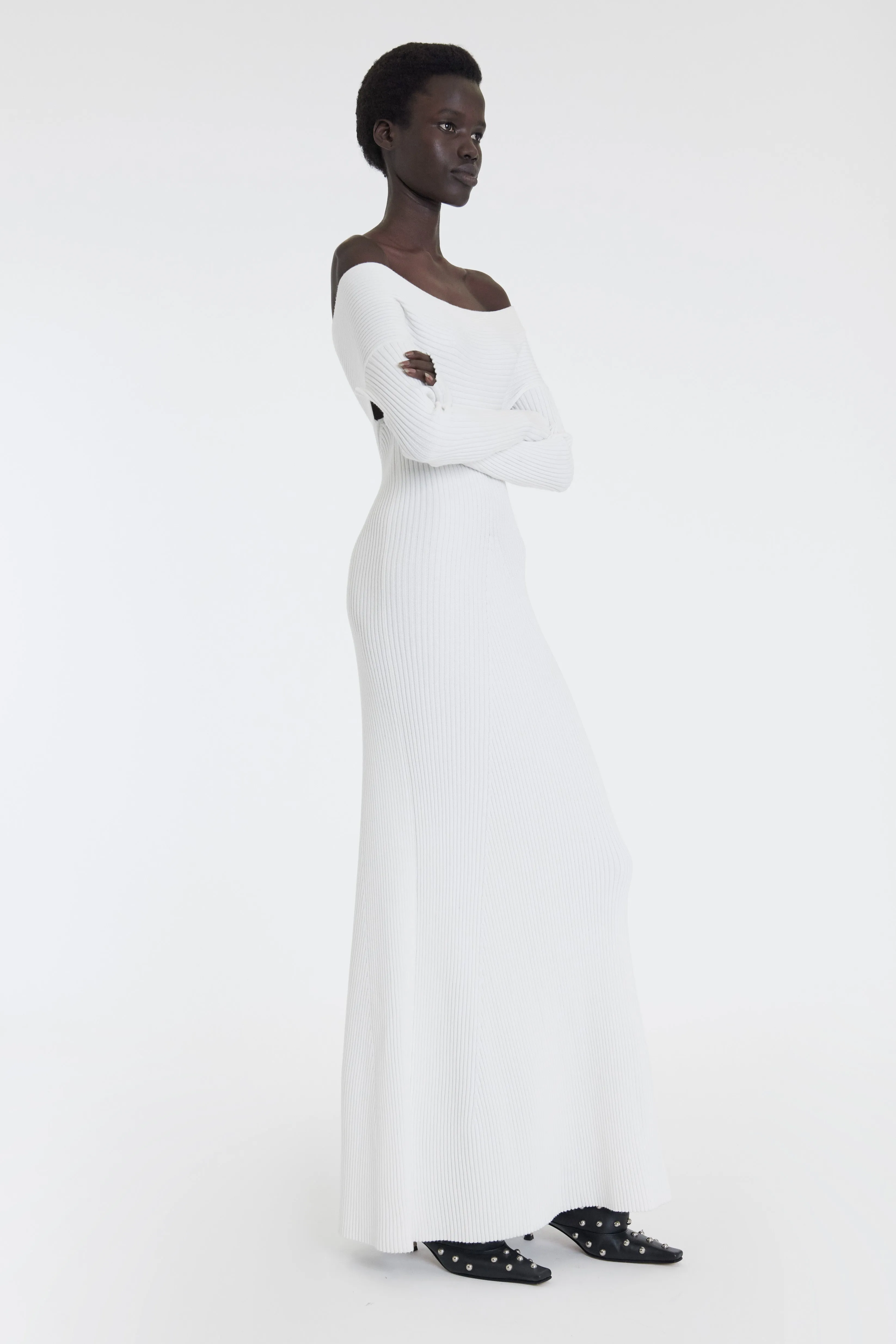 Airflow channels Knit Maxi Off Shoulder Dress Ivory
