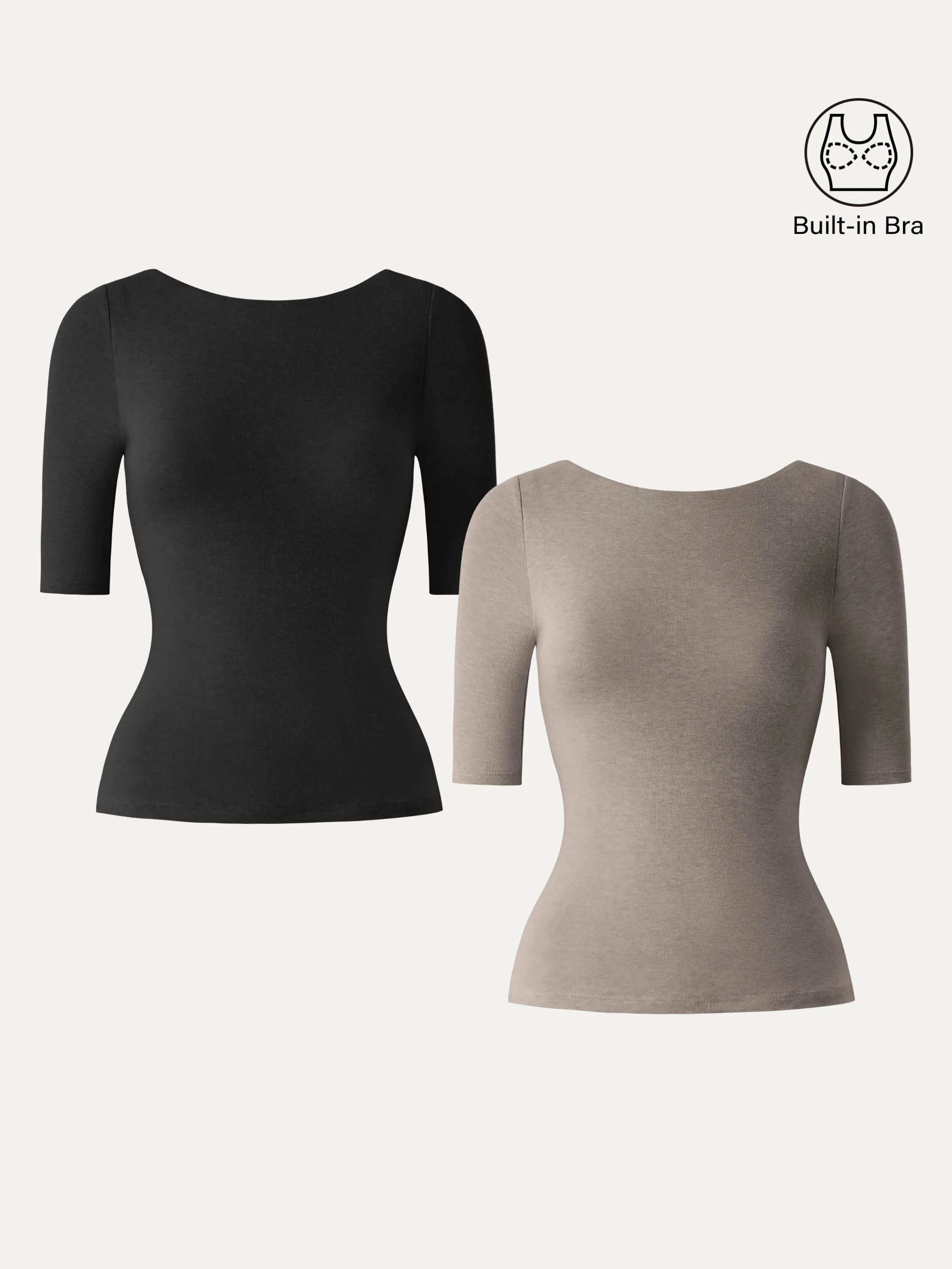 2Pcs Set Lyocell Cashmere Boatneck Elbow Length Sleeve Brami Formal Blouse Layered Neckline