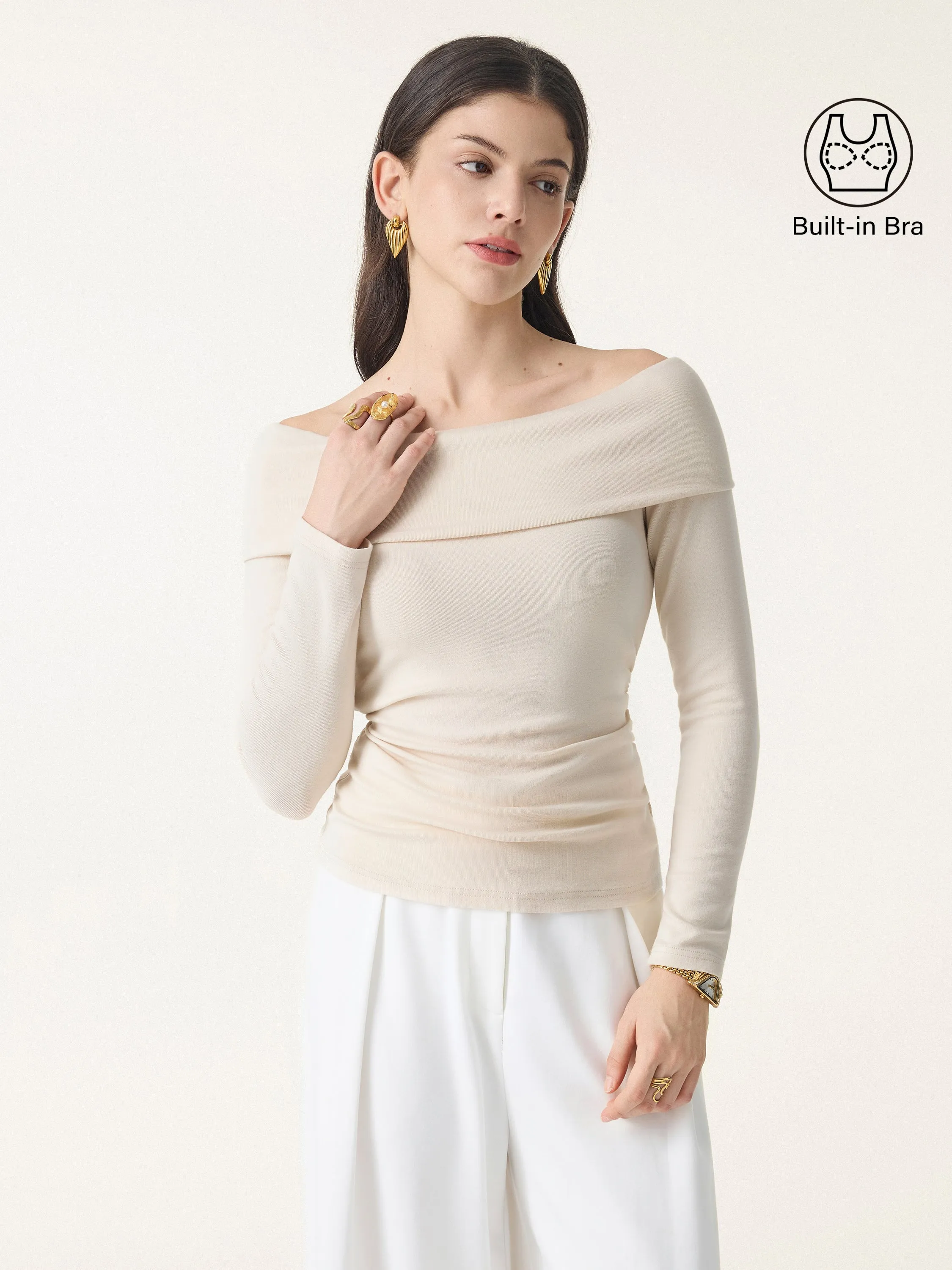 Off-Shoulder Long Sleeve Side Ruched Brami Top EcoFriendly Dye Lightweight Material
