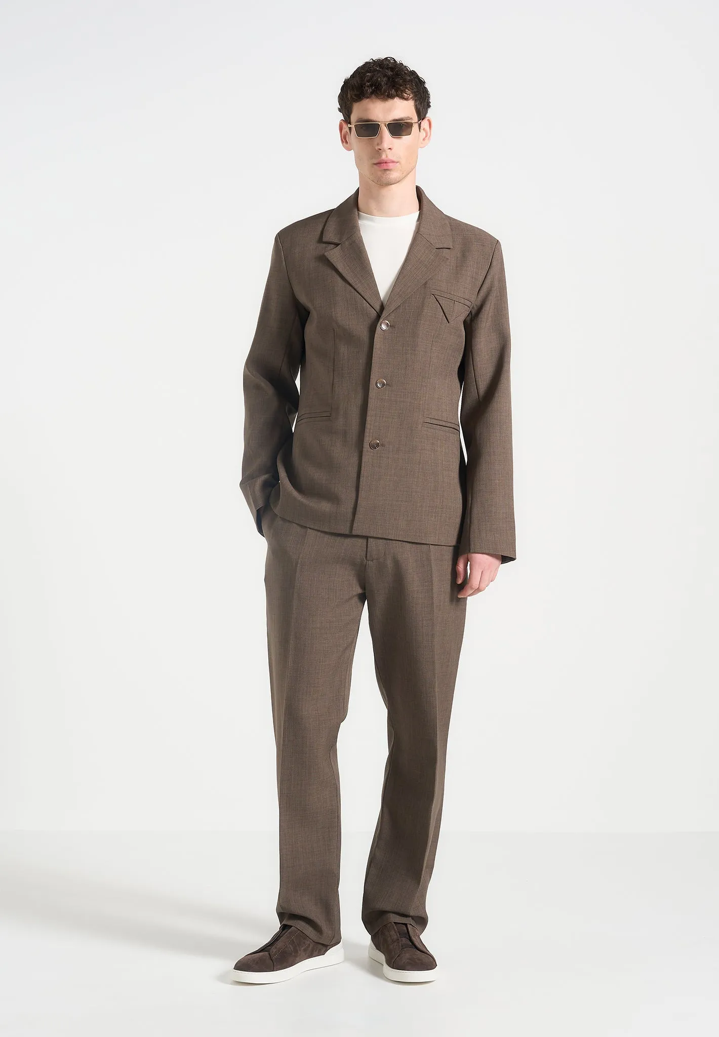 Bastien - Single Breasted Hatched Tailored Suit Jacket - Light Brown Classic Comfort