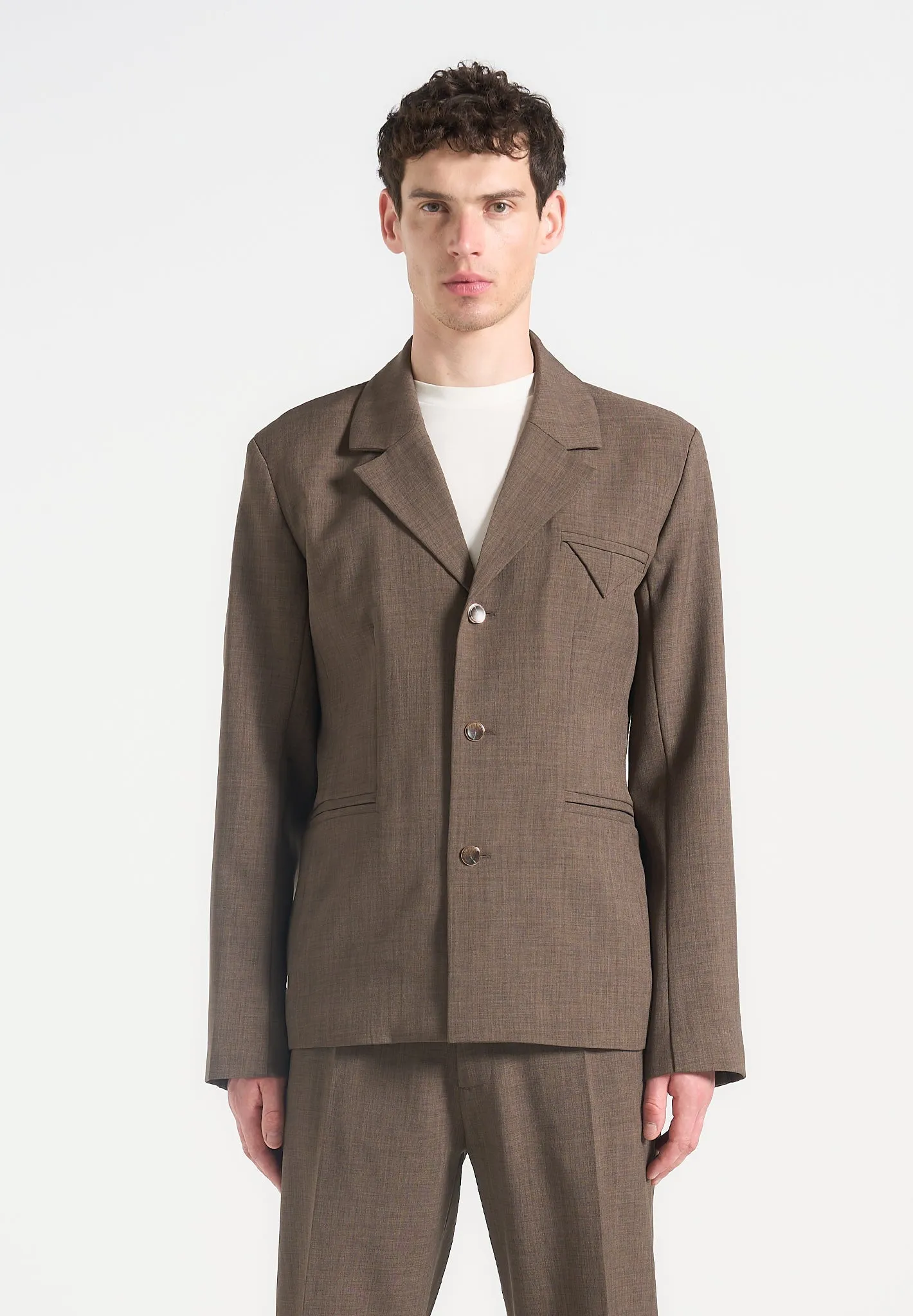 Bastien - Single Breasted Hatched Tailored Suit Jacket - Light Brown Flattering Layer Friction Reduction Technology