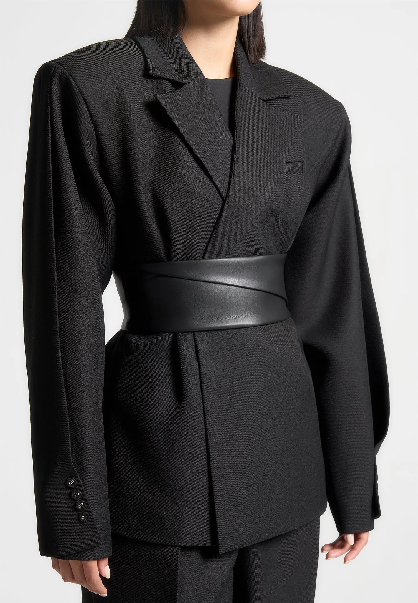 Marie - Twist Sleeve Tailored Blazer with Belt - Black Sleek Professional Look Contemporary Wear